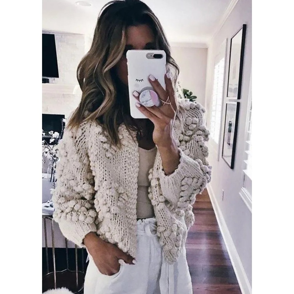 Chicwish Knit Your Love Ivory Chunky Cardigan Cream Pom Pom Heart Sweater S/M